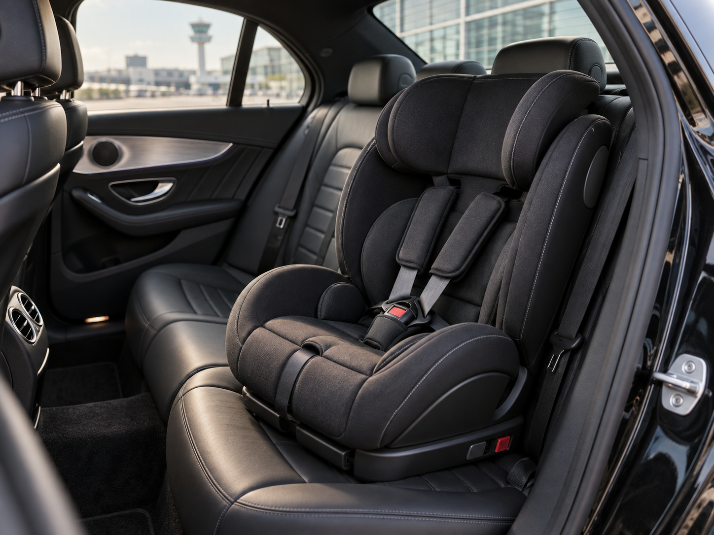 Child safety seat installed in a luxury airport transfer vehicle